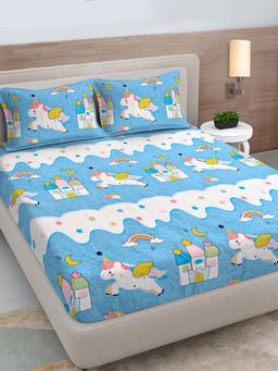 FABINALIV - Blue Cartoon Print 300TC Polycotton Bedsheet with 2 Pillow Covers (King)