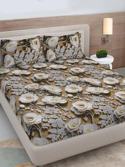FABINALIV - Brown Floral 300TC Polycotton Fitted 7D Bedsheet with 2 Pillow Covers (King)