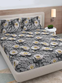 FABINALIV - Grey Floral 300TC Polycotton Fitted 7D Bedsheet with 2 Pillow Covers (King)