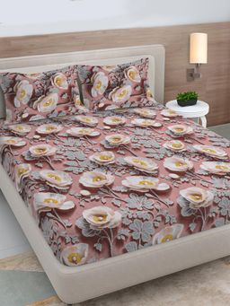 FABINALIV - Pink Floral 300TC Polycotton Fitted 7D Bedsheet with 2 Pillow Covers (King)