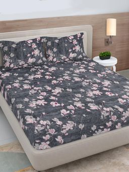 FABINALIV - Grey Floral 300TC Polycotton Fitted Bedsheet with 2 Pillow Covers (King)