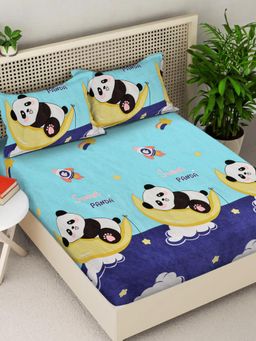 FABINALIV - Blue Cartoon Print 300TC Polycotton Fitted Bedsheet with 2 Pillow Covers (King)