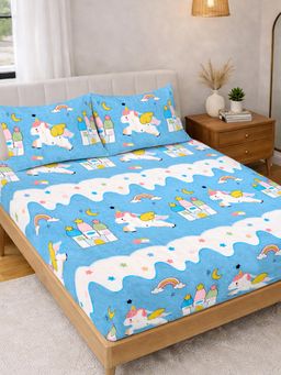 FABINALIV - Blue Cartoon Print 300TC Polycotton Fitted Bedsheet with 2 Pillow Covers (King)