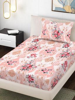 FABINALIV - Pink Floral 300TC Polycotton Bedsheet with 1 Pillow Cover (Single)