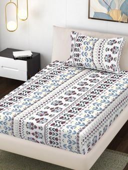 FABINALIV - White Floral 300TC Polycotton Bedsheet with 1 Pillow Cover (Single)