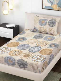 FABINALIV - Beige Floral 300TC Polycotton Bedsheet with 1 Pillow Cover (Single)