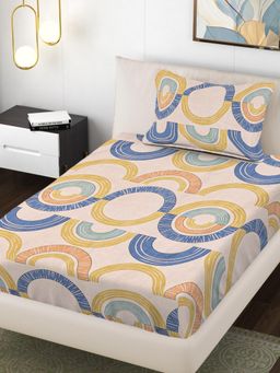 FABINALIV - Beige Geometric 300TC Polycotton Bedsheet with 1 Pillow Cover (Single)