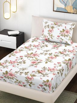 FABINALIV - White Floral 300TC Polycotton Bedsheet with 1 Pillow Cover (Single)
