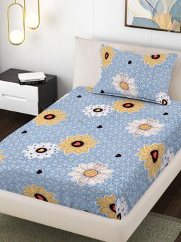 FABINALIV - Blue Floral 300TC Polycotton Bedsheet with 1 Pillow Cover (Single)