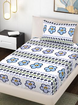FABINALIV - White Floral 300TC Polycotton Bedsheet with 1 Pillow Cover (Single)