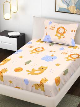 FABINALIV - Cream Cartoon Print 300TC Polycotton Bedsheet with 1 Pillow Cover (Single)