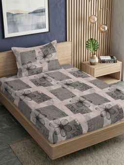 FABINALIV - Grey Floral 300TC Polycotton Bedsheet with 1 Pillow Cover (Single)