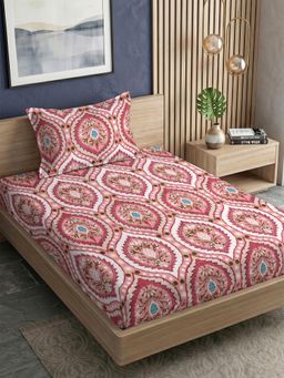 FABINALIV - Pink Floral 300TC Polycotton Bedsheet with 1 Pillow Cover (Single)
