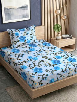 FABINALIV - Blue Floral 300TC Polycotton 7D Bedsheet with 1 Pillow Cover (Single)