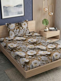 FABINALIV - Brown Floral 300TC Polycotton 7D Bedsheet with 1 Pillow Cover (Single)