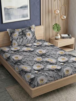 FABINALIV - Grey Floral 300TC Polycotton 7D Bedsheet with 1 Pillow Cover (Single)