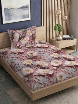 FABINALIV - Rust Floral 300TC Polycotton 7D Bedsheet with 1 Pillow Cover (Single)