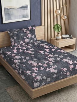 FABINALIV - Grey Floral 300TC Polycotton Bedsheet with 1 Pillow Cover (Single)