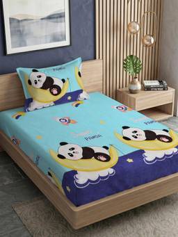 FABINALIV - Blue Cartoon Print 300TC Polycotton Bedsheet with 1 Pillow Cover (Single)