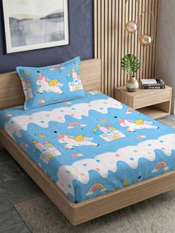 FABINALIV - Blue Cartoon Print 300TC Polycotton Bedsheet with 1 Pillow Cover (Single)