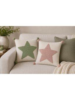 Bungalow and Beyond - Beige Star Tufted Cotton Square Cushion Covers (Pack of 2)