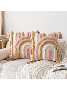 Bungalow and Beyond - Beige Boho Tufted Cotton Square Cushion Covers (Pack of 2)