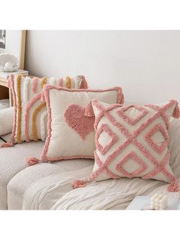 Bungalow and Beyond - Beige Geometric Heart Tufted Cotton Cushion Covers (Pack of 3)