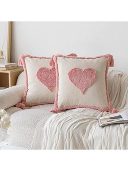 Bungalow and Beyond - Beige Heart Tufted Cotton Square Cushion Covers (Pack of 2)