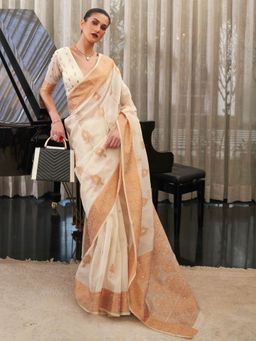 Akhilam - Womens Pure Linen Cream Woven Design Designer Saree with Unstitched Blouse