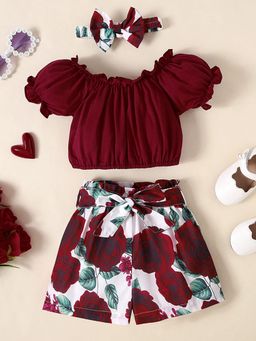 Hopscotch - Girls Maroon Floral Print Top with Short and Headband (3-6 Months)