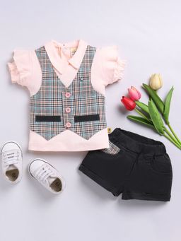 Hopscotch - Girls Peach and Black Plaid Print Shirt with Attached Waistcoat and Short (0-3 Months)