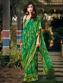 SANSKAR - Green Georgette Leaf Print Stitched Border Saree with Unstitched Blouse