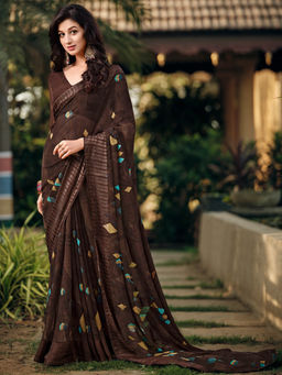 SANSKAR - Brown Georgette Abstract Print Stitched Border Saree with Unstitched Blouse