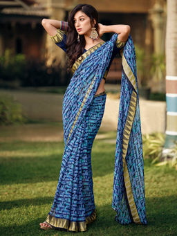 SANSKAR - Blue Georgette Abstract Print Stitched Border Saree with Unstitched Blouse