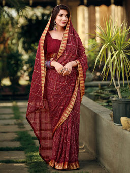 SANSKAR - Maroon Georgette Bandhani Print Stitched Border Saree with Unstitched Blouse