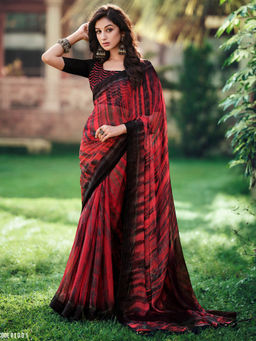 SANSKAR - Maroon Zari Silk Tie Dye Print Stitched Border Saree with Unstitched Blouse