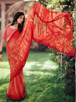 SANSKAR - Red Zari Silk Tie Dye Print Stitched Border Saree with Unstitched Blouse