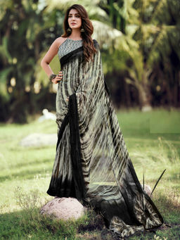 SANSKAR - Black Zari Silk Tie Dye Print Stitched Border Saree with Unstitched Blouse