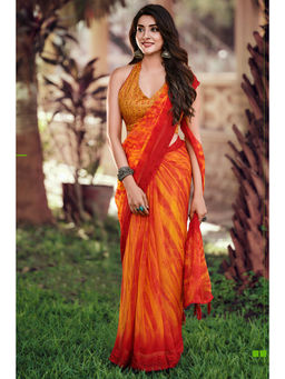 SANSKAR - Orange Zari Silk Tie Dye Print Stitched Border Saree with Unstitched Blouse