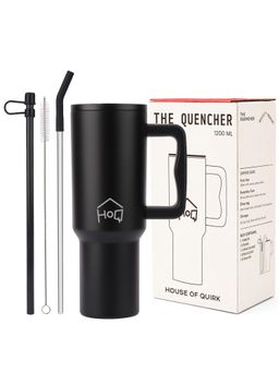 House of Quirk - Tumbler Bottle with Handle and Straw Lid Double Insulated 1200ml (Black)