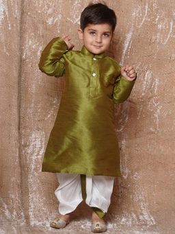 AJ Dezines - Kids Solid Silk Blend Dhoti Kurta For Boys - Olive (Set of 2)