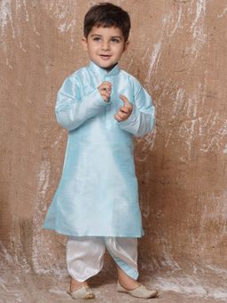 AJ Dezines - Kids Solid Silk Blend Dhoti Kurta For Boys - Sky Blue (Set of 2)