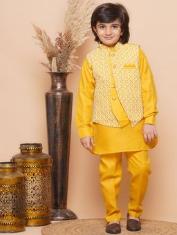 AJ Dezines - Boys Cotton Embroidered Thread Work 3Pc Kurta Set - Mustard (Set of 3)