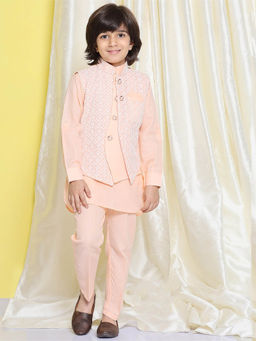 AJ Dezines - Boys Cotton Embroidered Thread Work 3Pc Kurta Set - Peach (Set of 3)