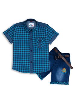 AJ Dezines - Half Sleeve Checkered Shirt & Shorts for Boys Firozi (Set of 2)