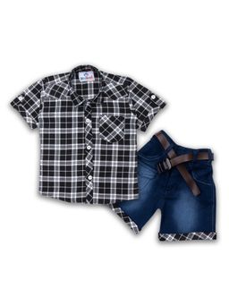 AJ Dezines - Half Sleeve Checkered Shirt & Shorts for Boys Black (Set of 2)