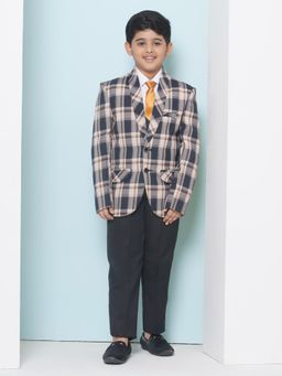 AJ Dezines - Boys Beige Cotton Checks Printed Shawl Lapel Suit (Set of 5)