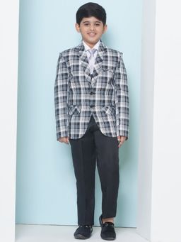 AJ Dezines - Boys White Cotton Checks Printed Shawl Lapel Suit (Set of 5)