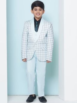 AJ Dezines - Boys Blue Cotton Checks Printed Shawl Lapel Suit (Set of 5)