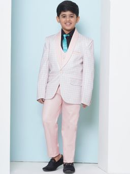 AJ Dezines - Boys Peach Cotton Checks Printed Shawl Lapel Suit (Set of 5)